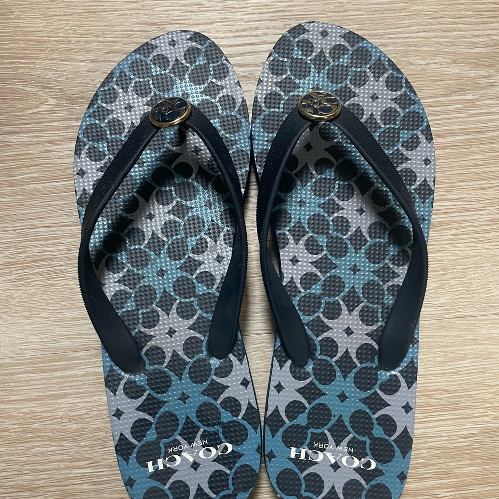 Coach Teal and Gray Patterned Flip Flops